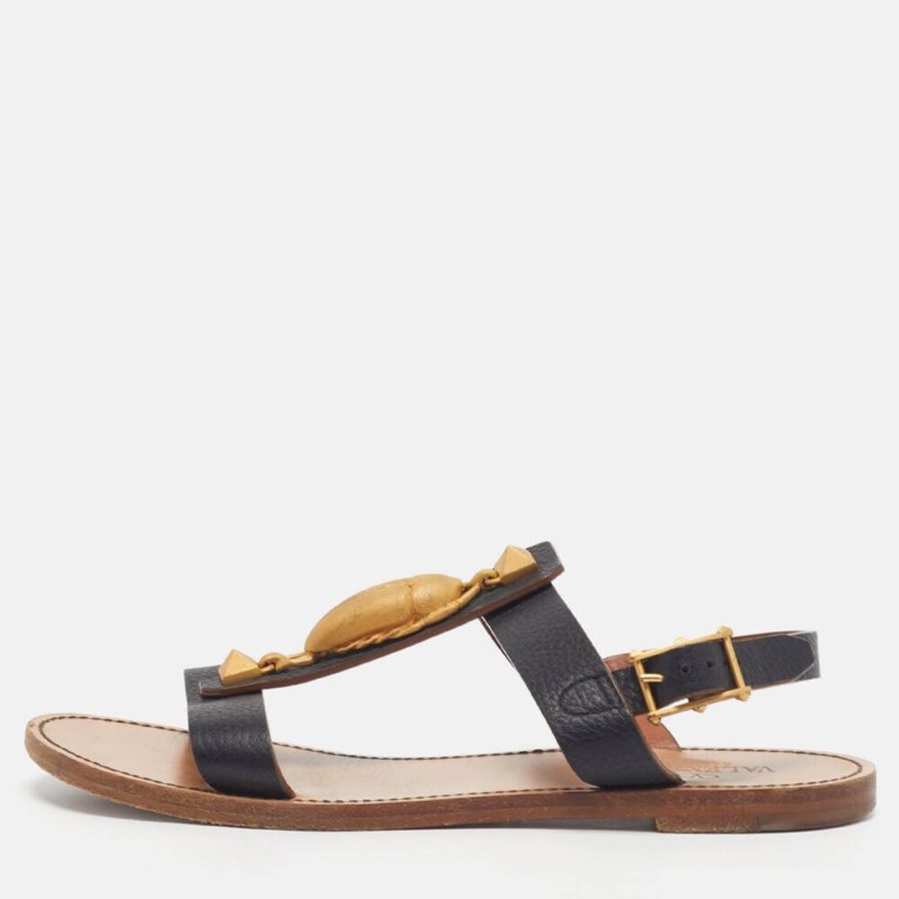 Valentino Scarab Size 38 Black Leather Flat Sandals